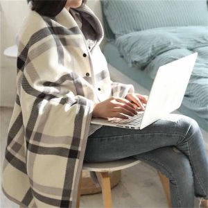 Seikano Kalın Ekose Battaniye Sıcak Kış Giyilebilir Battaniye Yetişkinler Yumuşak Polar Battaniyeleri Düğme Ofis Seyahat Ev Şal
