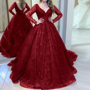 Elbise zarif Shinny Düğün Partisi Elbise Kadınlar V Boyun Uzun Kollu Gelin Anne Kırmızı Resmi Akşam Vestido Balo Gown