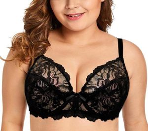 Embroidery Plus Size Bra Women Full Coverage Sexy Floral Lace Bra Unlined Underwire Black White Brassiere Perspective Bralette1789597