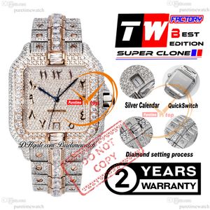 40 мм XL Pave Diamond-Set A2824 Автоматические мужские часы TWF Двухцветное розовое золото с бриллиантами багетной огранки Циферблат с арабской надписью Стальной браслет со льдом Super Edition Puretime