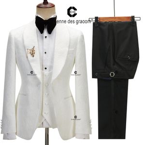 Cenne Des Graoom Mens Düğün Fildişi Paisley Ceket Sekon Siyah Pantolon ile Saten Yan İnce Fit Şal Lapel 240227