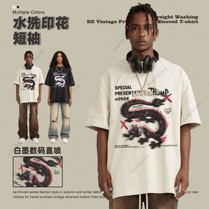 BE Мужская одежда |Весна/Лето 2024, китайская футболка с принтом дракона, круглым вырезом и короткими рукавами, уличная мода, брендовый топ для пар