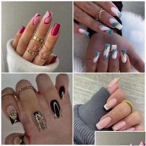 Накладные ногти 24 шт., короткие средние квадратные накладные ногти Fl Er Stick, французский для женщин и девочек, Прямая доставка, здоровье, красота, салон дизайна ногтей Dhbqz