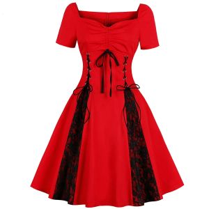 Elbise Patchwork Gotik Punk Steampunk Elbise Dantel Yukarı Retro Vintage Swing Pamuk Sokak Giyim 1950'ler 60s 70s Kırmızı Siyah Rockabilly Jurken