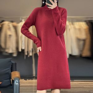 Elbise 2023 Sonbahar/Kış Yeni Elbise Kadınlar% 100 Saf Yün Örtü Daimi Boyun Uzun Süvari Kazak Moda Çin Kaşmir Elbise