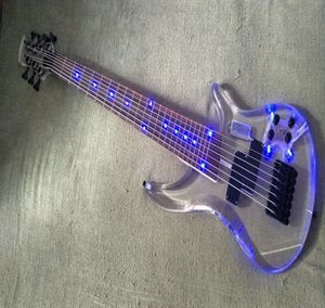 7-струнная бас-гитара Custom Grand OEM, ограниченная серия, прозрачный акриловый корпус, инкрустация накладки грифа из палисандра, синяя светодиодная лампа 4910121