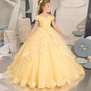 Желтое платье с открытыми плечами для девочек с цветочным узором, плиссированные платья для дня рождения, свадьбы, костюмы, качество для первого причастия, высокое падение
