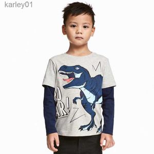 T-Shirts 1-6 yıl Çocuklar% 100 Pamuk Giyim Dino Dino Uzun Kollu Yuvarlak Boyun Üstleri Çocuk Bebek Erkekler Sevimli T-Shirt Sweatshirt Toptan 240306