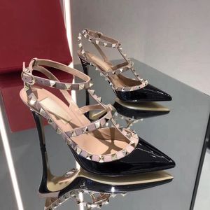 Женские сандалии, дизайнерские туфли на высоком каблуке с заклепками, 6 см, 8 см, 10 см, сексуальный тонкий каблук, натуральная кожа, черный, телесный, золотой, серебристый, летний размер 35-44