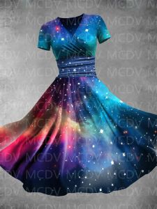 Koyu Kadınlar Renkli Aurora Yıldızlı Gökyüzü Gradyan Sanat Baskı Twopiece Elbise 3D Baskılı Seksi Vneck Elbise Kadın Elbise