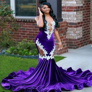 Mor Siyah Kızlar Deniz Kızı Prom Elbise 2024 Sweetheart Velvet Güney Afrikalı Gece Önlükleri Zarif Kadın Dantel Dans Resmi Parti Robe De Soiree Vestido de Noche