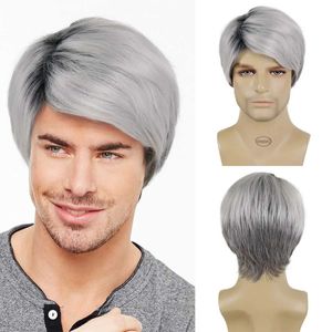 Saç perukları sentetik gümüş gri ombre peruk erkekler için yan ayrılık patlamaları doğal yumuşak kabarık saç modeli yaşlı erkek cosplay partisi 240306
