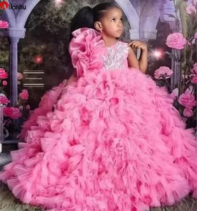 Luxuriöse rosa Organza-Festzug-Quinceanera-Kleider für kleine Mädchen, Neckholder, 3D-Blumenblumen, Spitze, Blumenmädchen-Erstkommunionkleid, Korsett BC14238