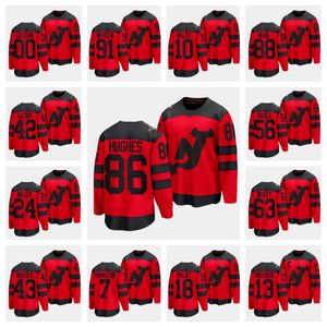 New''Jersey'''''Devils'''Men Kadın Gençlik Jack Hughes Nico Hischier Luke Hughes Jesper Bratt Dawson Mercer Stadyum Serisi Kırmızı Hokey Jersey