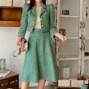 Kadınlar Suits Blazers Moda Kadın Ofis Kıyafet Şerit Vintage Lady Bekar Kısacası Kısa Blazer Ceket Takım Ceket Yüksek Bel Midi Dhubr