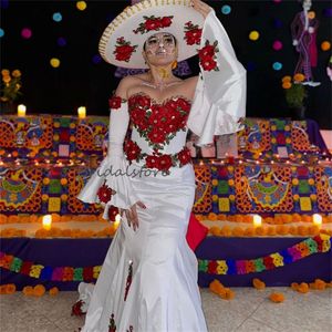 Gül çiçekleri ile eşsiz Meksika Gelinlik Boncuklu Denizkızı Boho Sivil Gelin Elbiseler Uzun Kollu Vestido de Novia Vestido de Casamento Robe Mariee 2024