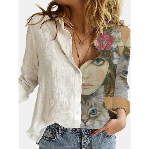 Рубашка, модная женская блузка в стиле ретро с принтом лица, блузка с длинными рукавами, весна 2021, весенний повседневный топ на пуговицах с лацканами, женские рубашки 3XL из хлопка и полиэстера