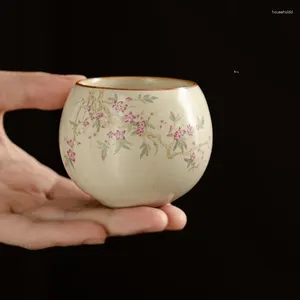 Çay Bardakları Ru Fırın Seramik Açılış Çin Kupası Şeftali Çiçeği Çömlekçilik Güzel Çay Fincanları Sarı Set Teaware Kupaları Tören için