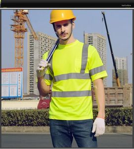 Erkek yelek floresan yüksek görünürlük gömlekleri yansıtıcı güvenlik tişört kısa kollu hi vis bluz üstleri hızlı kuru inşaat iş kıyafetleri