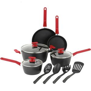 GoodCook ProEase, набор алюминиевой посуды с антипригарным покрытием, 12 предметов, сковороды, кастрюли, голландская духовка и кухонные принадлежности, черный, красный 240321