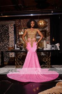 Glitter Pink Denizkızı Prom Elbise 2024 Siyah kızlar ışıltılı altın kristal rhinestones boncuk doğum günü partisi payetleri önlük