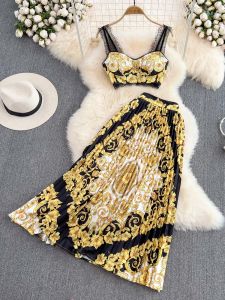 Elbiseler Altın 2023 Yaz Moda Tasarımları Etekler Setler Kadın Kıyafetleri İndie Folk Baskı Seksi İki Parçası Dantel Kırpılmış Üst Pileli Etek Takım