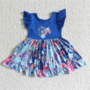 Kız Elbiseler Toptan 4 Temmuz Mavi Yıldızlar Yaz Çocuk Twirl Dress Bebek Kısa Kollu Giyim Çocuklar Toddler Bağımsızlık Günü Giysileri