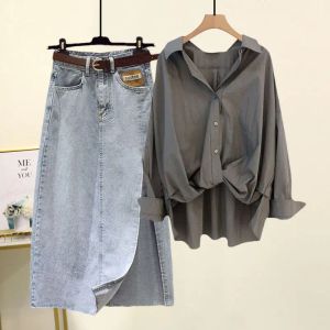 Camiseta de camisetas femininas Conjunto de verão feminino 2023 Camisa de manga longa de outono +saia de jeans dividida lateral alta da cintura