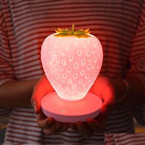 Gece Işıkları Brelong Gece Işığı Yaratıcı Stberry USB Şarj Yatağı Dekoratif Göz Masa lambası Beyaz / Pembe Kırmızı Damla Teslimat Li Dhxil