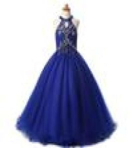 Modern Kraliyet Mavi Halter Kızlar Pageant Elbiseleri 2022 Kristal Boncuklu Sekon Tül Bir Çizgi Boş Geri Arka Çocuklar Resmi Prom Dress8524443