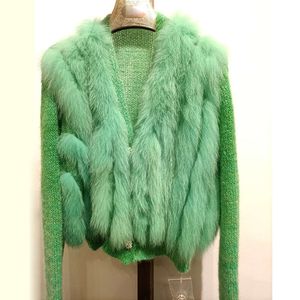 Весенний вязаный кардиган Haining Fur 2024 с пальто, женский модный топ в полоску с лисьим волосом 917443