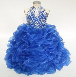Vintage Kraliyet Mavi Çiçek Kızlar Düğünler İçin Rhinestones ile Boncuklu Yüksek Boyun Ruffles Gençler Pageant Balo Gowns Stock C9057633
