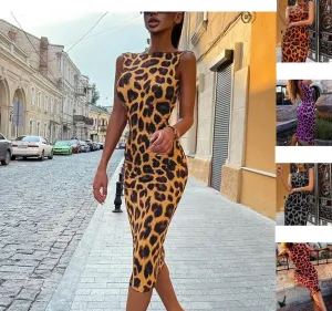 Giyim Kadınlar Sokak Çekim Zarif Sıcak Kız Avrupa ve Amerikan Leopar Baskı Sırtsız Kolsuz Yuvarlak Boyun Seksi Kılıf Elbise