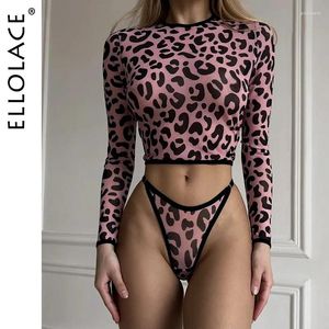 Conjuntos de sutiãs Ellolace Leopard Lingerie Outfits Luz Rosa Tops Manga Longa para Mulheres 2 Peças Contraste Cor Jovem Menina Intim Goods
