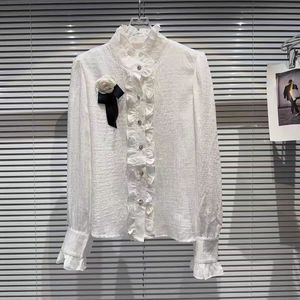 Женские блузки с воротником-стойкой и рюшами в королевском стиле, блузки из ткани с длинными рукавами и цветочным декором, рубашки SMLXL