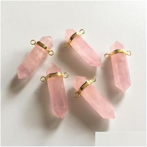 Ожерелья с подвесками Fuwo Розовый кристалл с латунным ободом из 24-каратного золота Модные двойные поручительства Розовый цвет Кварцевая точка Оптовая продажа Drop Deli Dheil