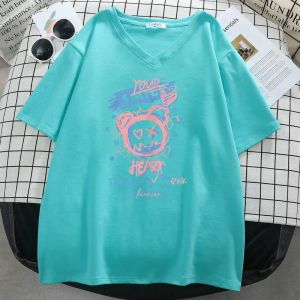 Футболка размера плюс 6xl, 150 кг, женская футболка с рисунком медведя, милые женские топы, кавайная футболка, женская футболка с v-образным вырезом, большие размеры, хлопковые футболки