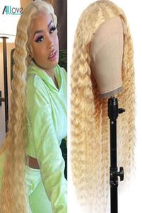 Allove 28 32 inç Perulu Düz İnsan Saç Dantel Ön Peruk 613 Sarışın Renk Brezilyalı Kinky Kıvırcık Vücut Kadınlar için Derin Gevşek 48889096