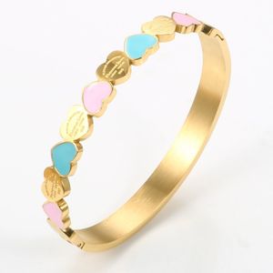 Cute Love Heart Gold Plating Staiess Steel Lucky Cuff Bangles Women Girls Wedding Party Charm Bangles Jewelry Gift2143