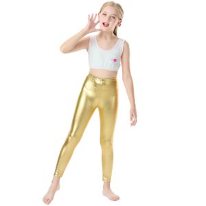 Capris Ovigily Girls Orta Bel Güvenli Metalik Taytlar Streç ayak bileği uzunluğu dans pantolon çocuklar sahne performans tozlukları