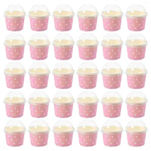 Одноразовые чашки, соломинки, 50 шт., бумажные миски, держатель для мороженого, мусса, торта с крышкой, десертный желе, розовый контейнер