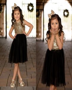 Siyah altın payetler tül çiçek kızlar düğünler için çocuklar parti elbiseleri ışıltılı kızlar yarışması elbiseler diz uzunluğu1429404