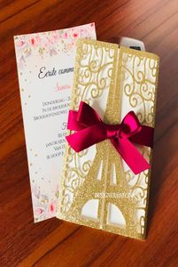 2020 Gold Glitter Eiffel Tower Paris Cut Laser Cut Wedding Invitpations with Ribbon Quinceanera دعوة ليزر Cut Sweet 16 8993662