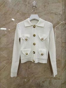 Vinatge 2024 azul marinho/branco lapela pescoço bolsos mangas compridas botões tricô jaqueta feminina designer jaquetas de alta qualidade 30810