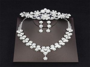 Ucuz İnci Damla Rhinestone Düğün Takı Set Set Taç Tiaras Triaras Küpe Boncuk Üç Parça Parti Gelin AC5236466