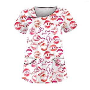Kadın Tişörtleri Sevgililer Günü Basılı İş Giysileri Eğimli Yakalı ve Çift Katmanlı Cepler Temel Üst Külot Büyük Boy Boyalizasyon