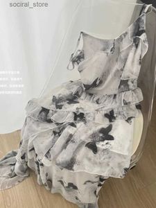 Umstandskleider Sommer Midi-Kleid für Frauen unregelmäßige Rüschen Patchwork geschnallte Kleider 2024 koreanische beiläufige Schmetterlings-Vestidos De Fiesta L240308