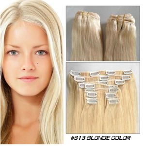 İnsan saç uzatmasında sarışın renk klipsi düz 16quot24quot indian remy klip saç üzerinde ucuz saç1381261785834