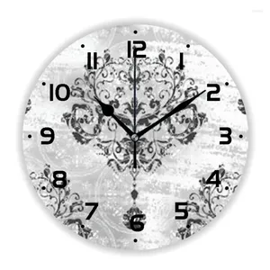 Orologi da parete Elegante orologio con motivo damascato grigio argento Vecchio vintage barocco Soggiorno Orologio da cucina Accessori Camera da letto Decorazioni per la casa