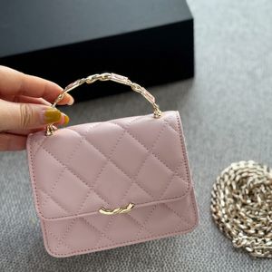 Kadın kuzu derisi pembe klasik mini emaye sapı makyaj çantaları altın metal zincir crossbod omuz çanta çantaları Snap akordeon ruj kartı tutucu kozmetik kasa 13x10cm